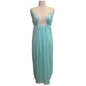 Vanity Fair Vtg Nightgown M Maxi Teal Aqua Satin Lace Side Slits 60's 70's Mod